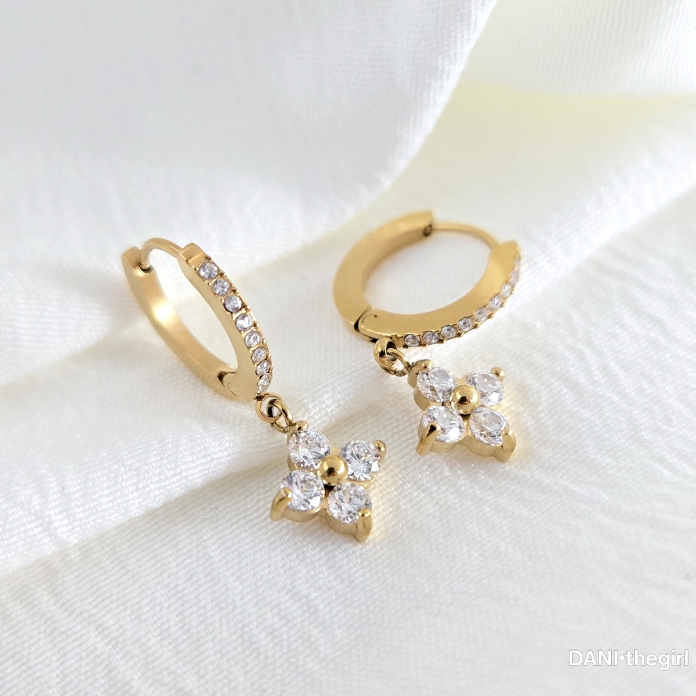 Gold CZ Diamond Clover Hoop Earrings - Picture 2 of 10